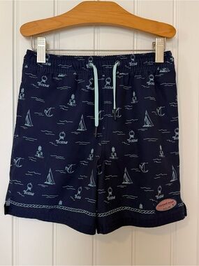 Vineyard Vines Boys Chappy Swim Trunks Size 7 Navy Nautical Sailboat Beach Swim